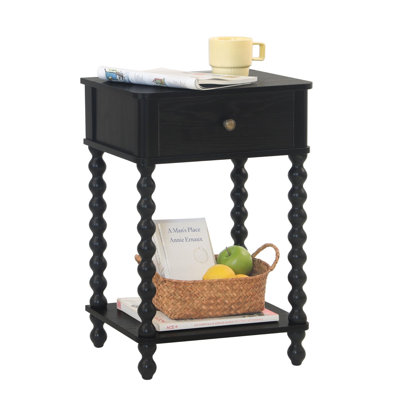 Nightstand, Small Side Table with Drawer for Living Room, Farmhouse End Bedside Table with Spindle Wood Legs for Bedroom, Office, (Black)