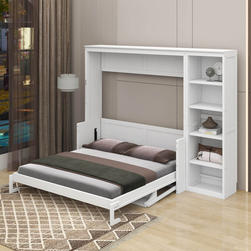 Grand lit escamotable avec bureau et bibliothèque, Blanc, Grand