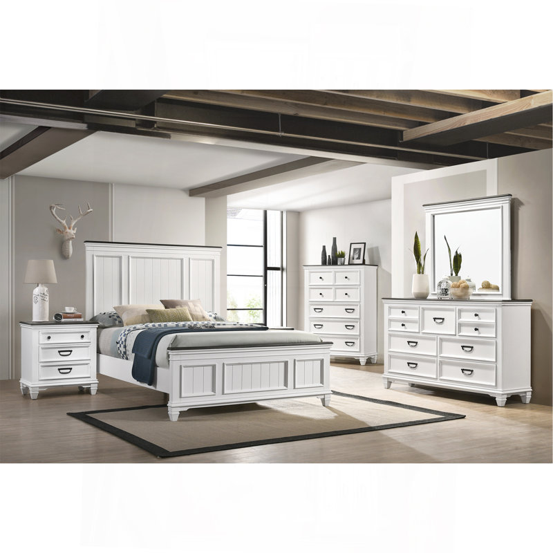Ensemble de chambre à coucher en bois avec lit à panneaux 5 pièces Clelane, commode, miroir, table de chevet et commode