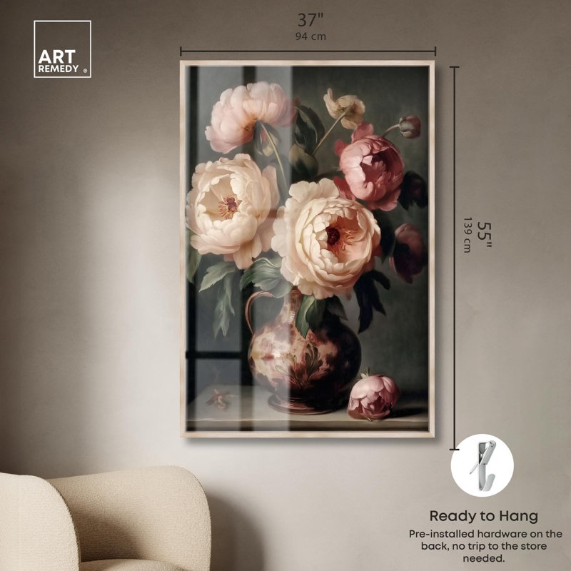 «Peony Rhapsody Shadowbox Print» par Art Remedy, H 55 po x l 37 po, Crème, crème