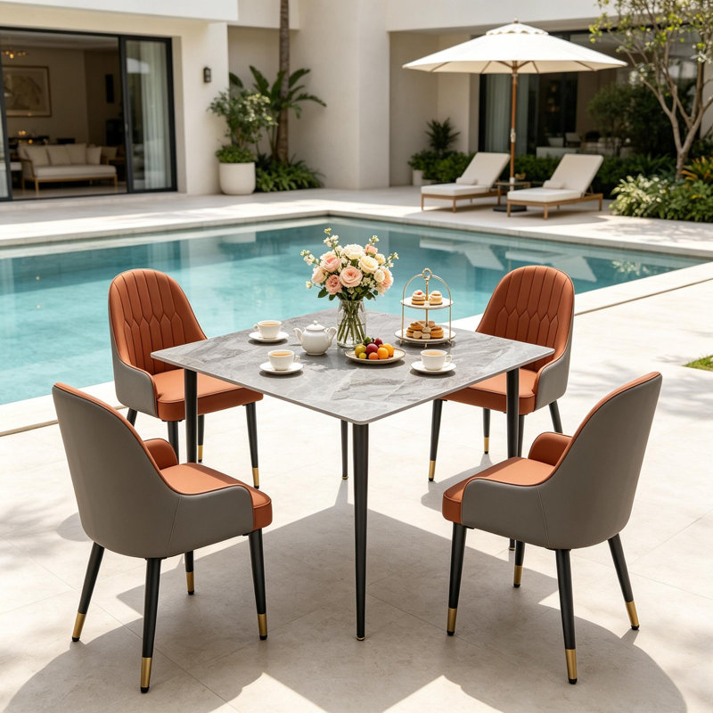 4 -Person Marble Dining Set, Grey, Orange/Grey