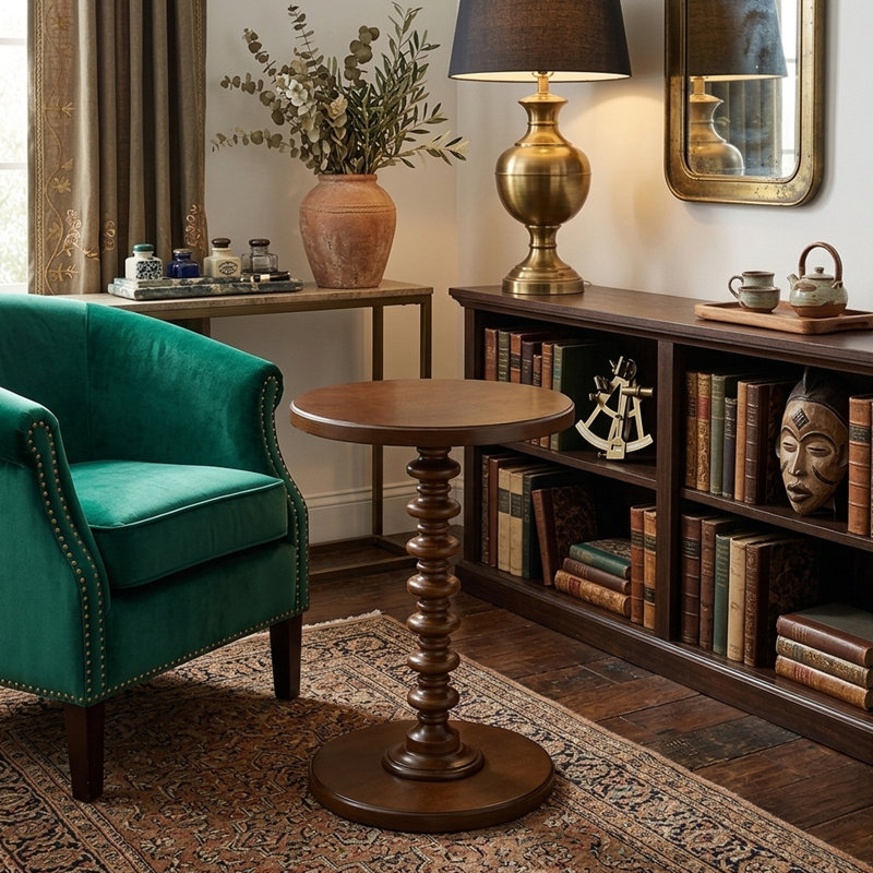 Table de bout ronde vintage à pied tourné de 22 pouces