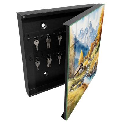 Wall mounted key box, Opens to the left, 30x30x5, Black, Autumn landscape with mountains and cottages, 