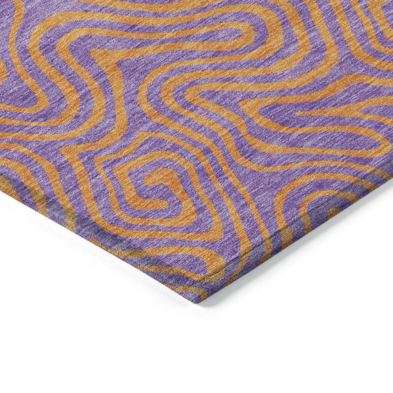 Purple and Orange Swirl Pattern Washable Synthetic Rug