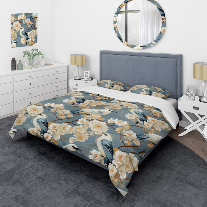 Ensemble de housse de couette Beige and Blue Bird Flower II, Housse de couette pour très grand lit et 2 très
