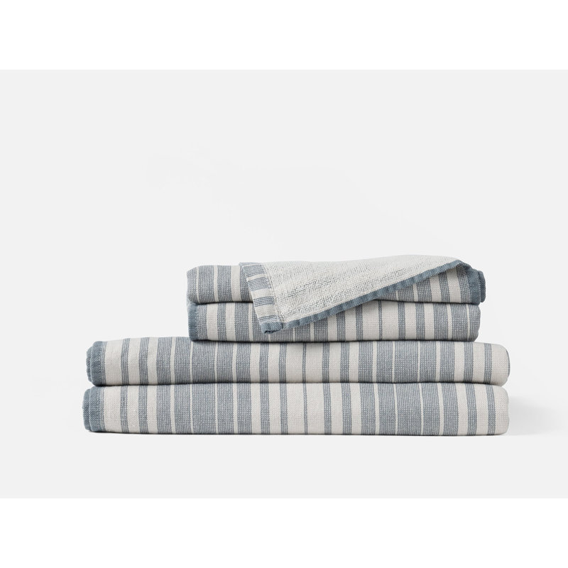 Sycamore Organic Cotton Linen, Bath Towel, Alpine White/Pacific Blue