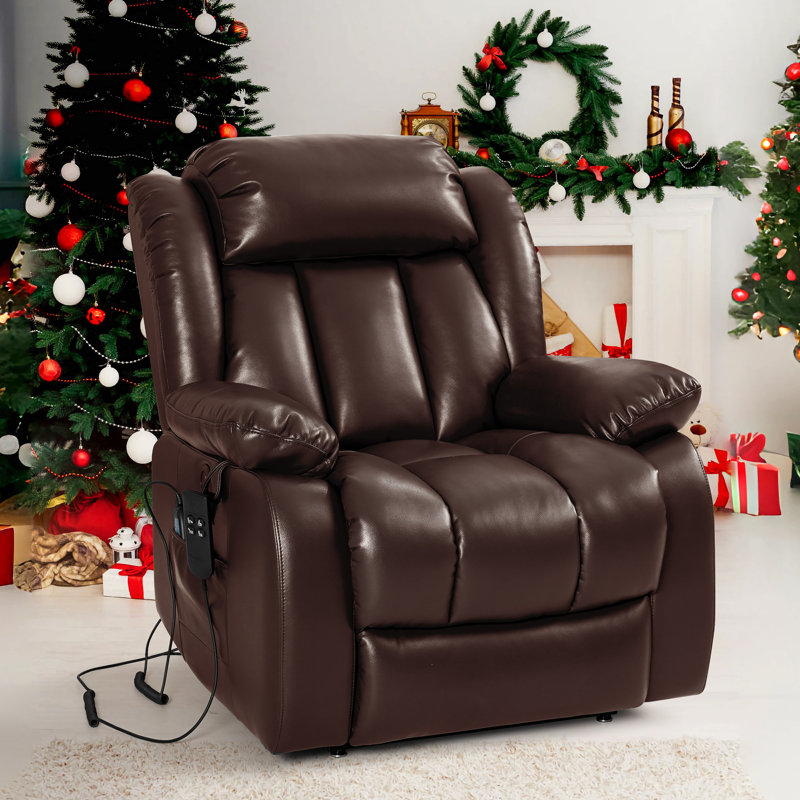 Albrechtice Lay Flat Power Recliner, Dual Motor Leather Lift Chair for Elderly with Massage & Heating, Brown