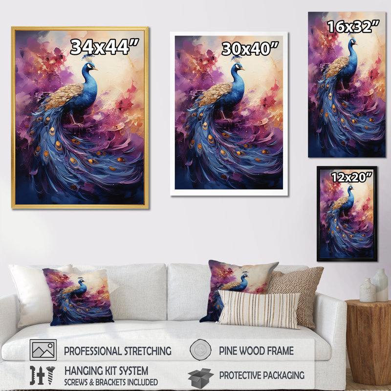 Golden Fushia Peacock Surge - art mural sur toile paon, H 32 po x l 16 po x P 1 po, Cadre simple noir