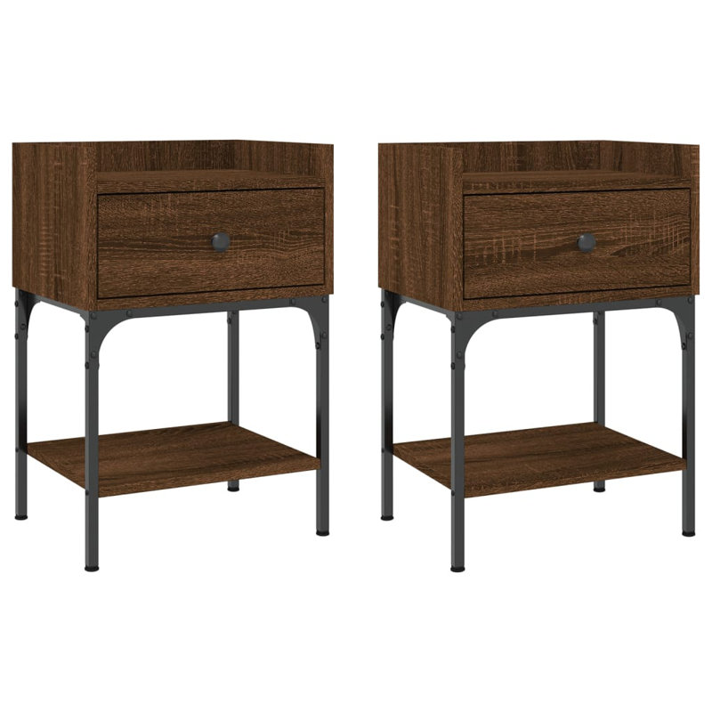 Shabari 40.5cm W Iron Bedside Table, Brown Oak, Set of 2