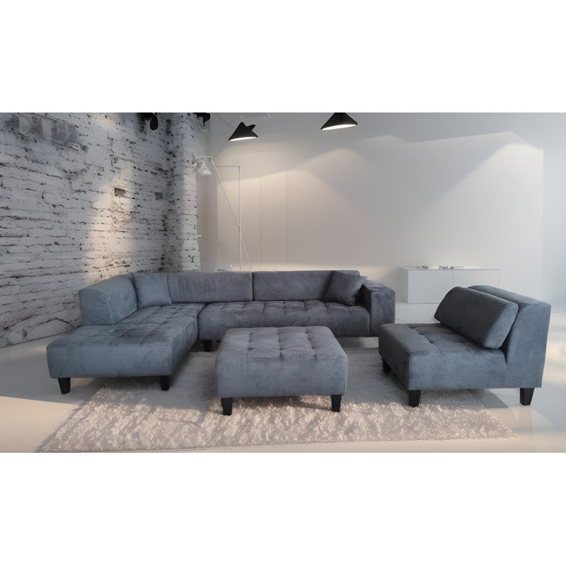 Behadil Upholstered L-Shaped Sectional Right Hand Facing, Dark Gray Microfiber/Microsuede, Left Hand Facing