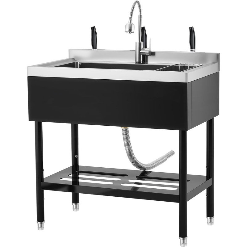 Heavy-Duty Freestanding Stainless Steel Utility Sink with 360° Faucet & Adjustable Legs, Matte Black