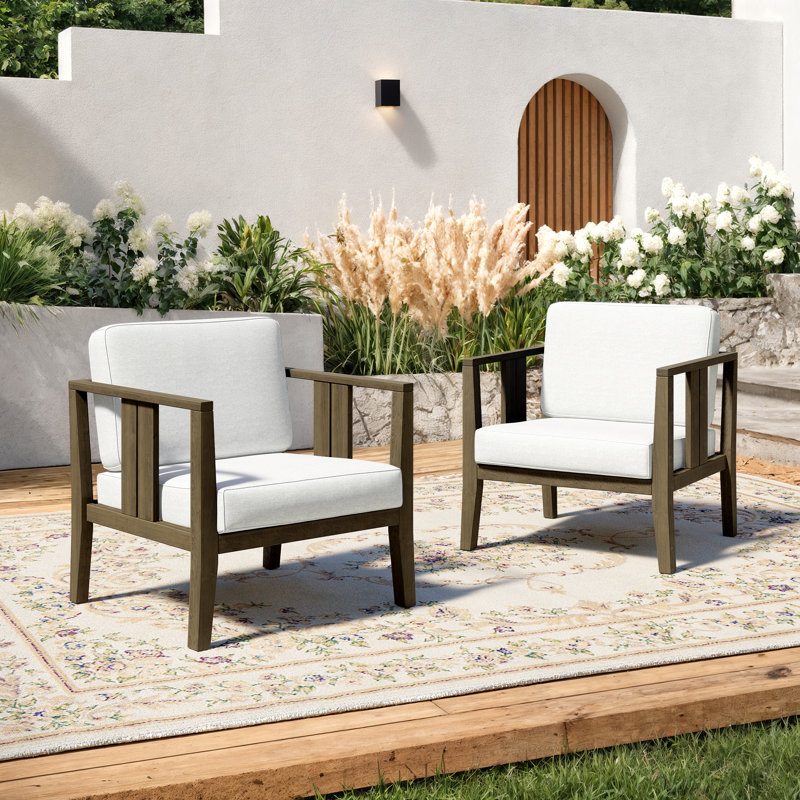 Solid Wood Teak Outdoor Lounge Chair With Cushion And Arm, Beige, Brown