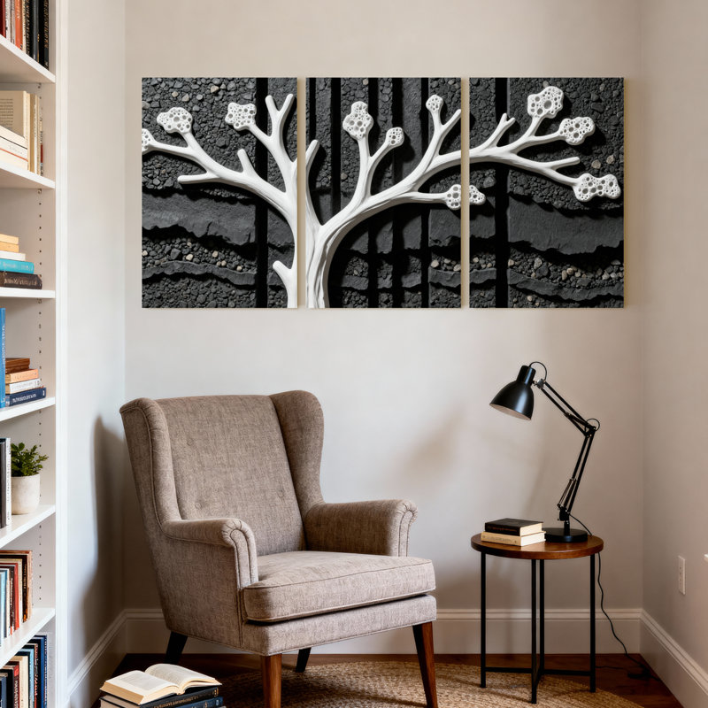 Arbre abstrait sur fond texturé, ensemble de 3 impressions d'art sur toile, H 24 po x l 48 po