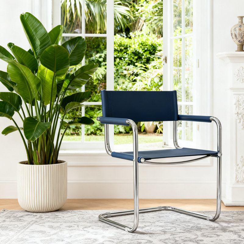 Momei Saddle Leather Accent Armchair with Stainless Steel Metal Frame, Blue