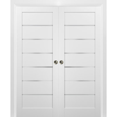 Portes coulissantes doubles françaises 56 x 84 avec cadres Quadro 4117 Blanc Soie avec vitrage opaque dépoli, ensemble de garnitures, quincaillerie, bois massif, intérieur, garde-manger, cuisine, chambre, garde-robe, porte robuste