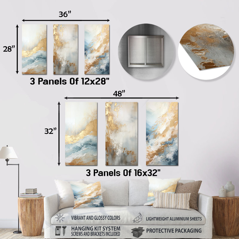 Ensemble de 3 décorations murales en métal Beige Blue Gold Ocean Storm - Collages abstraits, H 28 po x l 36 po