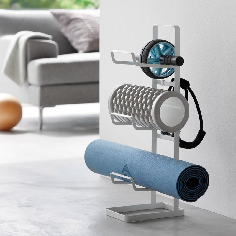 White Steel Home Fitness Equipment Storage Rack with Hooks