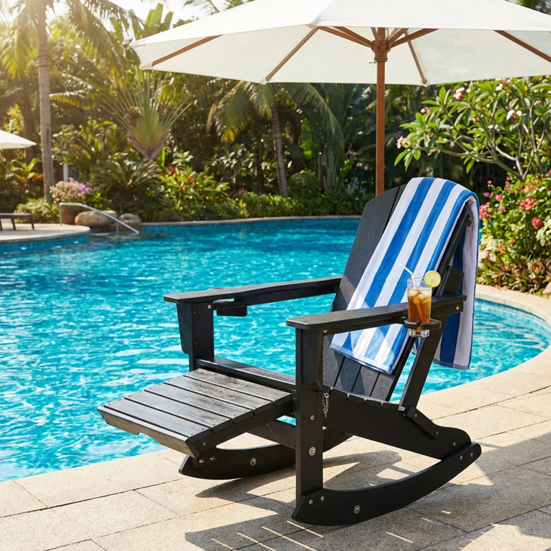 Adirondack Rocking Chairs Set of 2 – Foldable HDPE Patio Rockers with Retractable Ottoman, Cup Holders, and Phone Groove