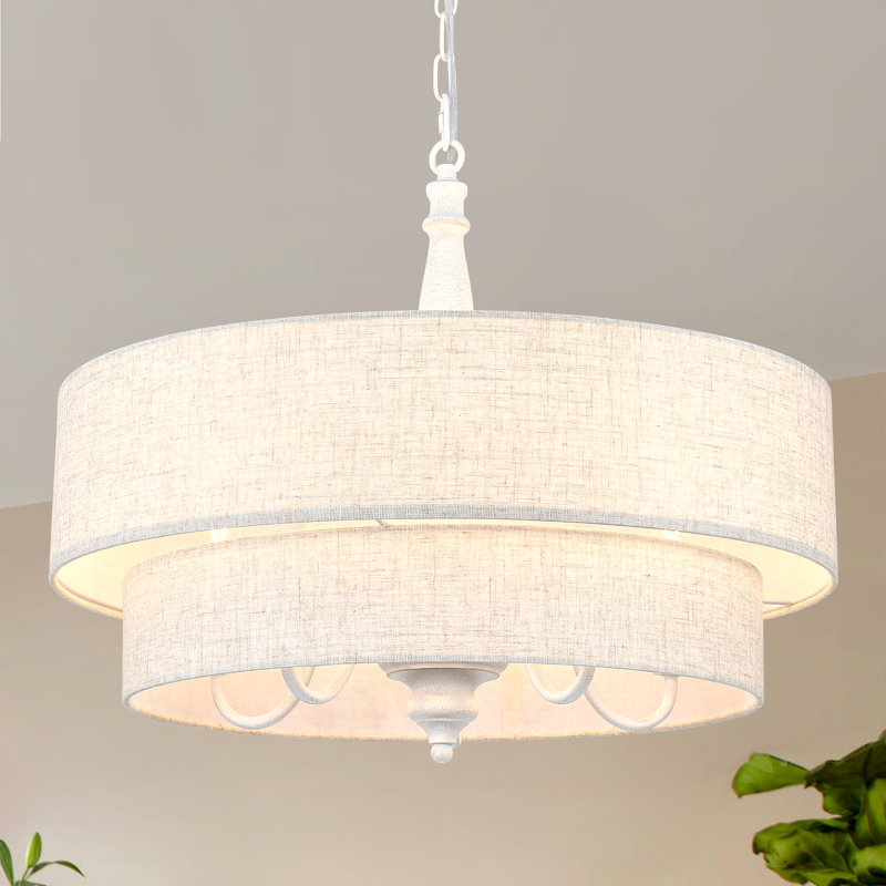 5 Light 21.26" Two Tiered Drum Chandelier With Fabric Shade For Dining Room Bedroom Kitchen Island Living Room Hallway