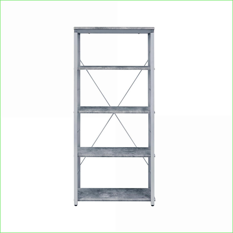 Bibliothèque, étagère industrielle avec 5 tablettes fixes - Faux béton & amp; Cadre argent brossé | Bois synthétique | Argent brossé