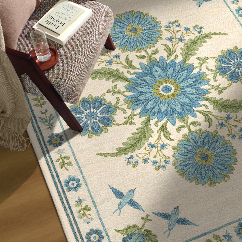 Tapis d'intérieur bleu / beige / vert à motif floral lavable à la machine Aura, Rectangulaire 8 pi x 10 pi