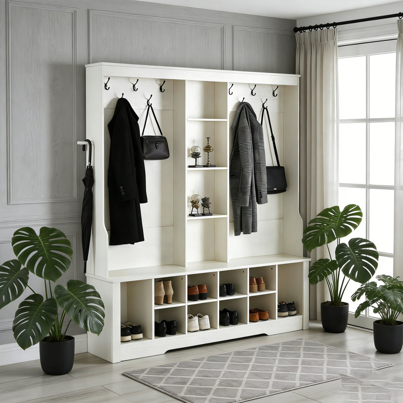 Hall Tree With Bench And Shoe Storage, 3-In-1 Entryway Organizer With Adjustable Compartments And Hooks