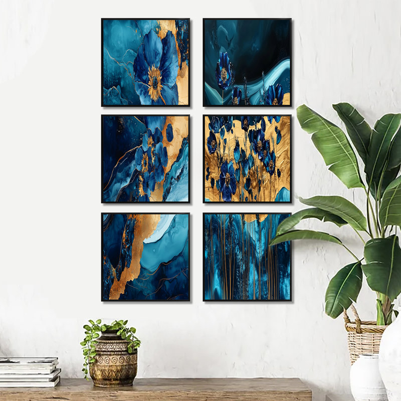 Buttercups Flowers and Safire Crystal Energy - ensemble de 6 impressions murales florales, Noir