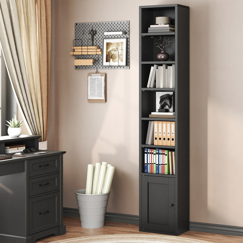 70.9'' 7-Tier Tall Narrow Bookshelf, Tall Bookcase with Open Shelves and Cabinet, Corner Bookshelf with Adjustable Shelves