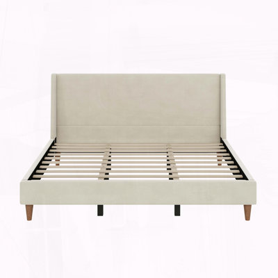 King Size Modern Velvet Upholstered Platform Bed with Wingback Headboard