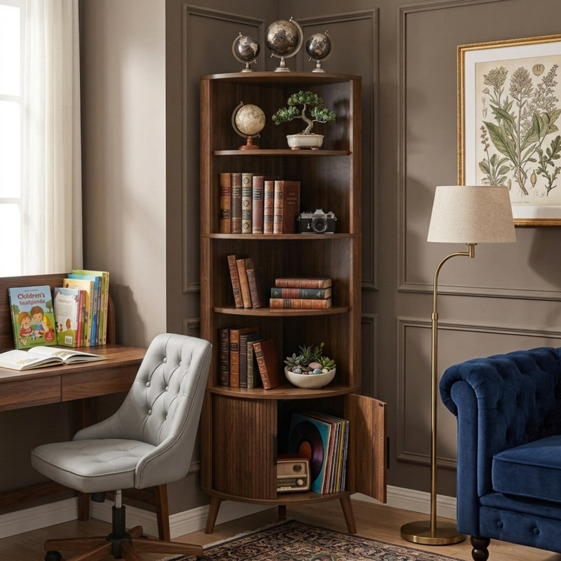 Bibliothèque de coin autoportante 67,1 pouces à 5 niveaux en noyer, armoire de rangement d'angle en bois avec portes coulissantes et tablettes ouvertes, présentoir peu encombrant pour le bureau de la cuisine du salon