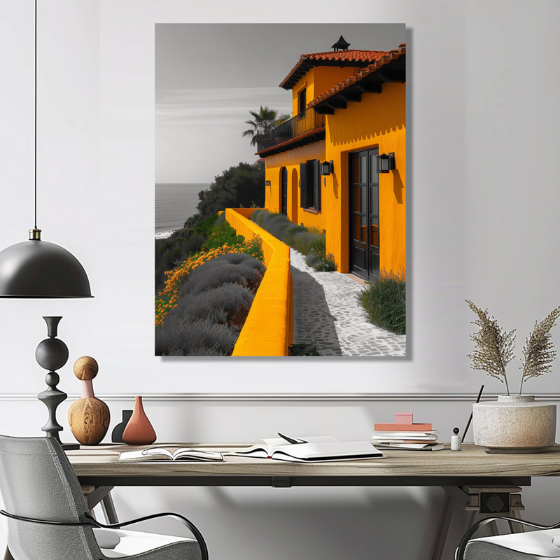 «Yellow Grey Summer Coastal Cove Hotel», art mural hôtels et loges, Toile tendue, H 16 po x l 32 po