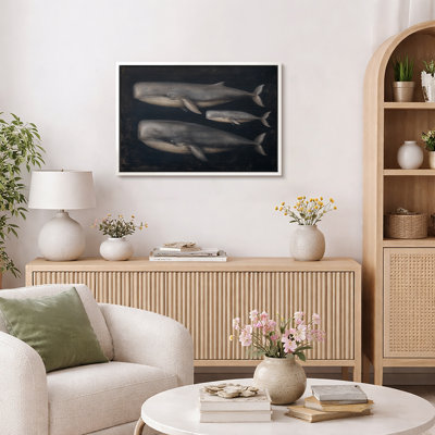 Vintage Whale Artwork, Nautical Living Room Pictures, Framed Canvas Giclee Print Wall Art