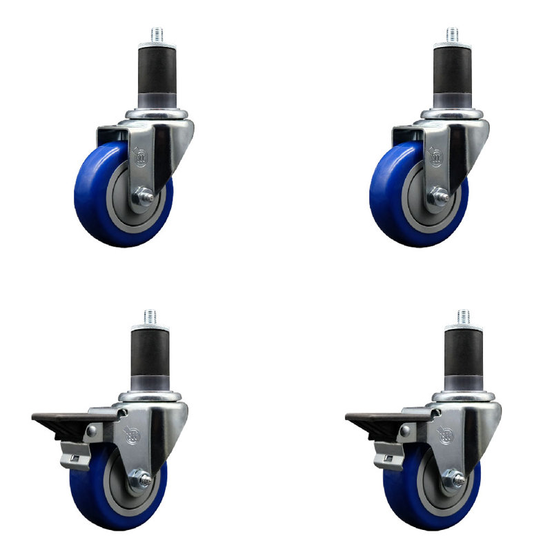 Ensemble de roulettes extensibles pivotantes en poly sur roulettes 2 freins SCC PLB 3,5 po x 1-5 / 8 po, Bleu