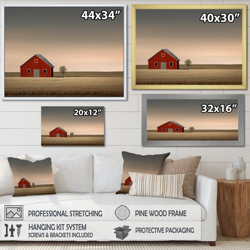 «Red Barn Minimalisme Country Charm», reproduction d'art mural grange_106675, H 30 po x l 40 po x P 1,5 po