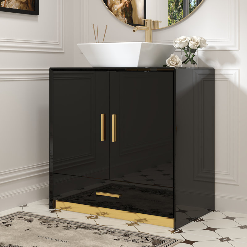Meuble-lavabo noir ultrabrillant avec lavabo en céramique