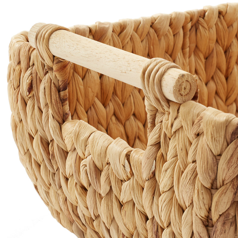 Set of 3 Beige Water Hyacinth Rectangular Storage Baskets with Wooden Handles