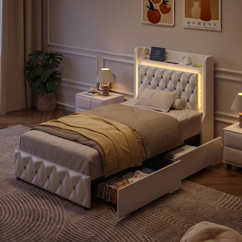 Floating Twin Bed Frame With LED Light, Upholstered PU Leather Platform Twin Bed With Charging Station & Wingback, Diamond Tufted Storage Headboard & Footboard, No Box Spring Needed
