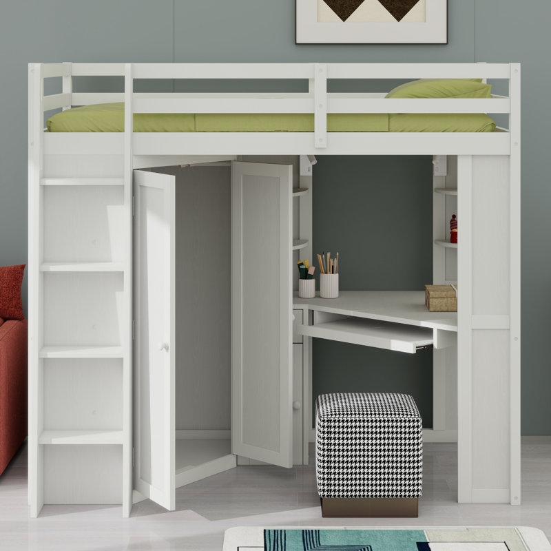Lit mezzanine avec grande armoire intégrée, bureau, Blanc