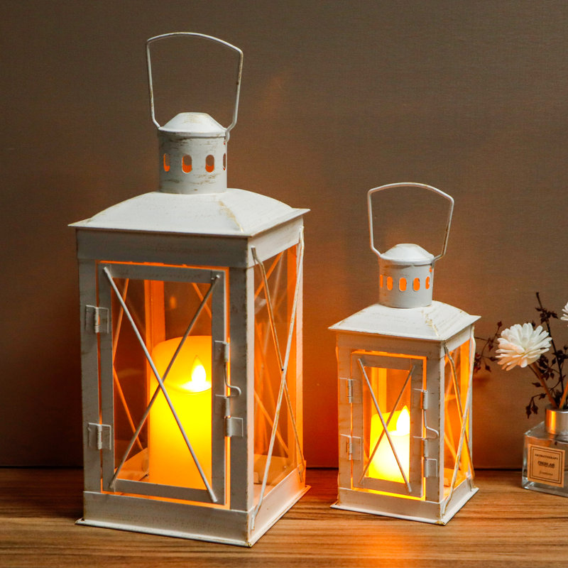 Set of 2 Decorative Candle Lantern 12'' & 8'' High Metal, White