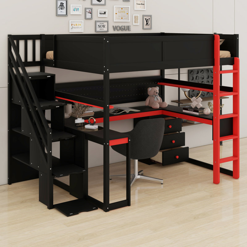 Lit mezzanine pratique - escalier de rangement, bureau intégré, tablettes et panneau perforé, Lit double, Noir / Rouge