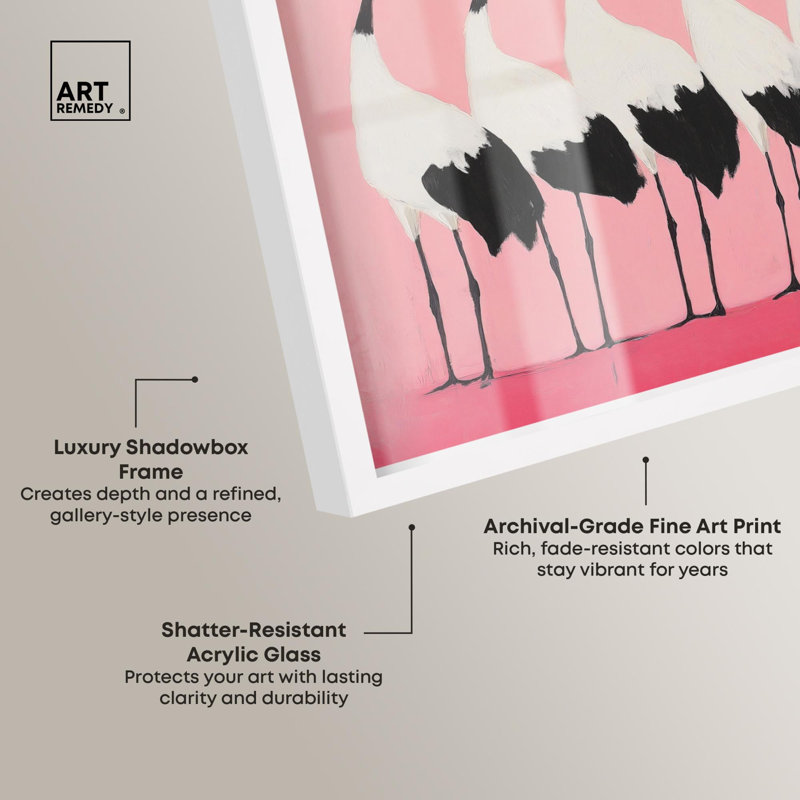 «Pink Plumage Parade Shadowbox» par Coastal Art, H 21 po x l 25 po, Blanc