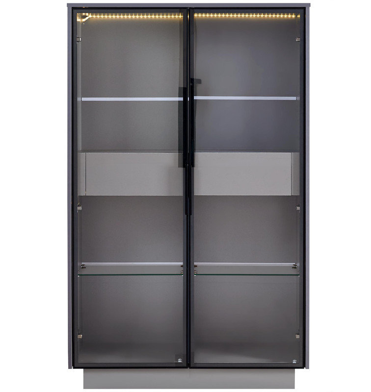 Vitrine haute de 60,6 po avec porte en verre trempé, éclairage DEL, deux tiroirs, armoire de rangement de style moderne pour le salon, le bureau et le bureau
