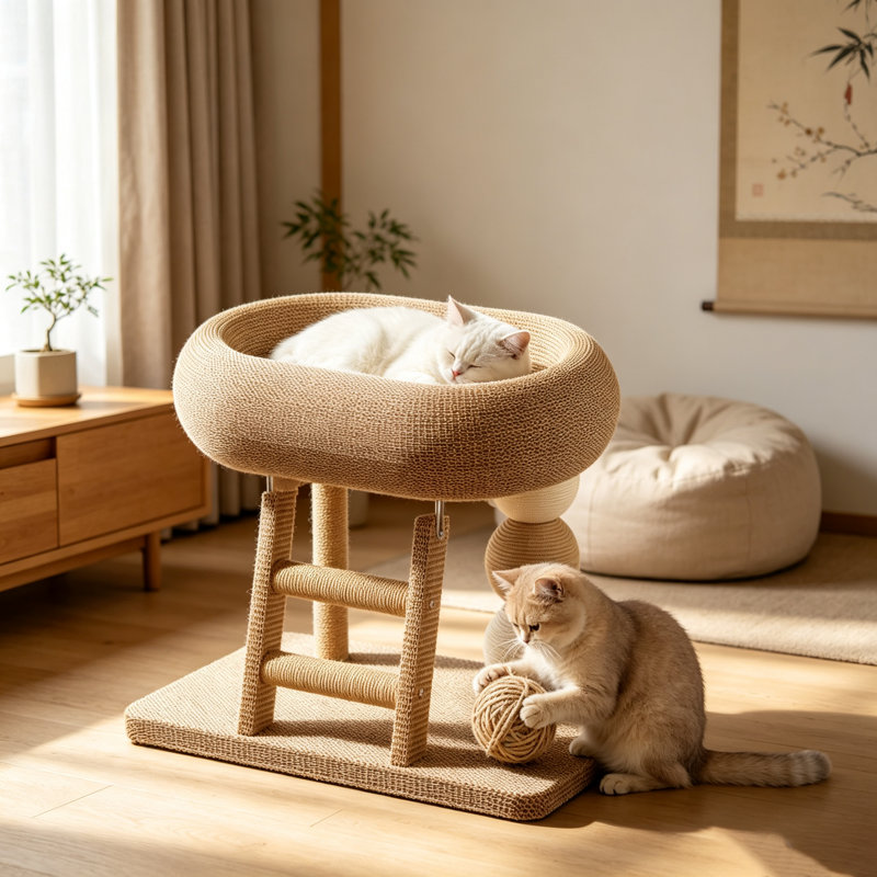 Grand arbre à chat surélevé en sisal avec balles à griffer et échelle, tour à chat multifonctionnel pour chats d'intérieur