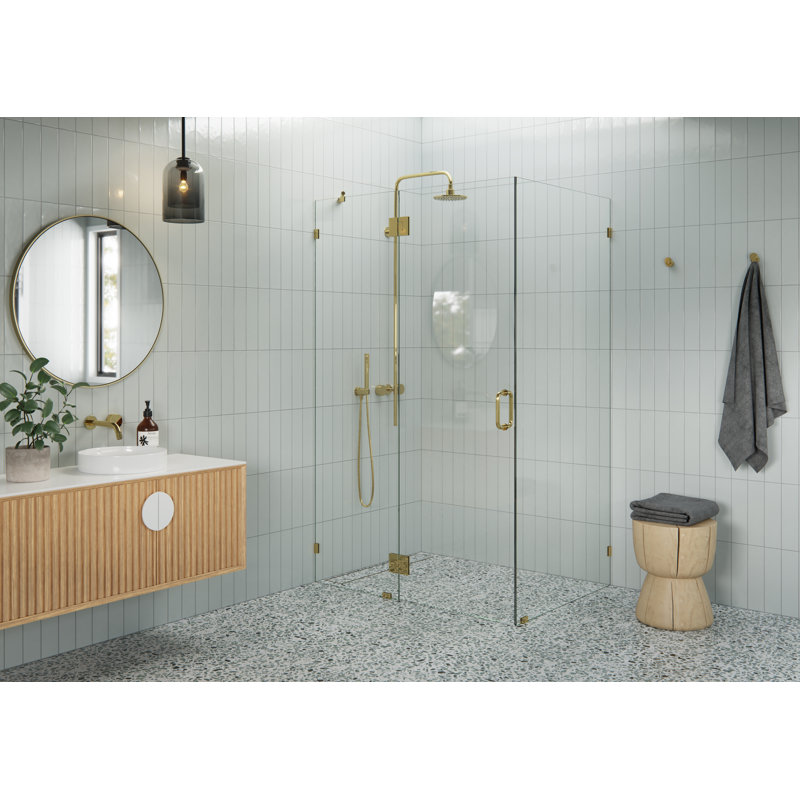 Halo 48 in. x 36 in. x 78 in. 90-degree Fully Frameless Glass Hinged Shower Enclosure, Polished Brass