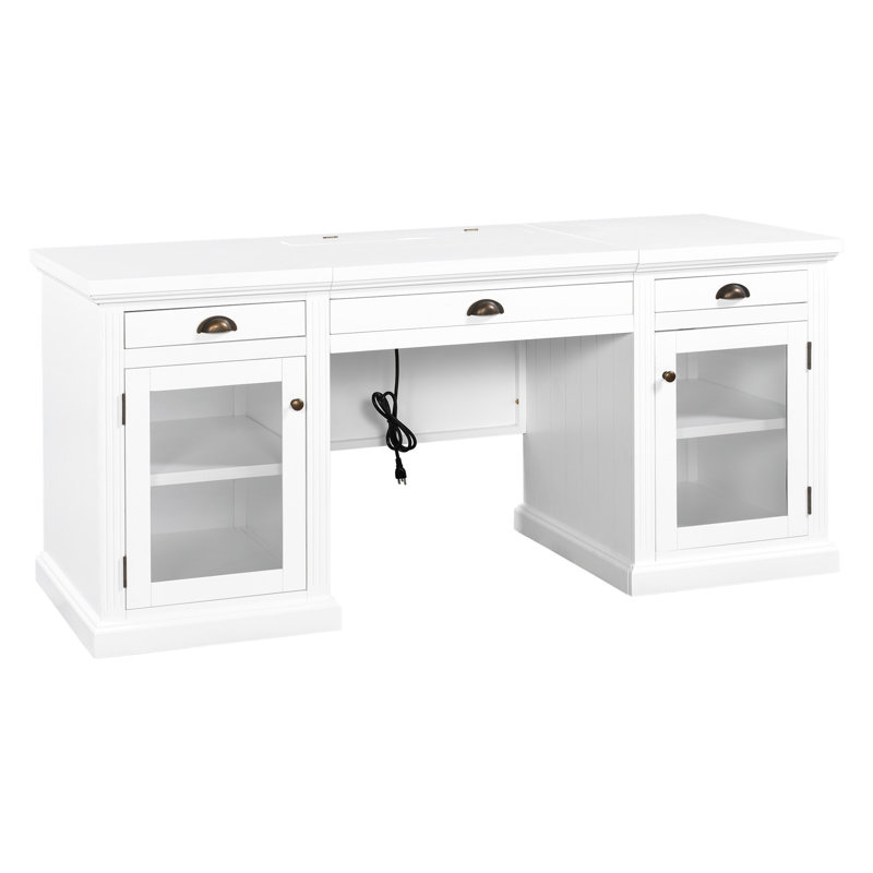 Bureau moderne blanc rectangulaire de 67 po avec 2 portes en verre, 3 tiroirs, des ports et des tablettes réglables pour la fantaisie de bureau à domicile