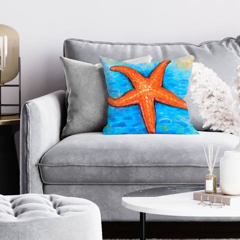 Starfish in the sea - 16"x16" Throw pillow - Poly twill - Print on demand, 16" H x 16" W, Blue/Orange, Polyester/Polyfill