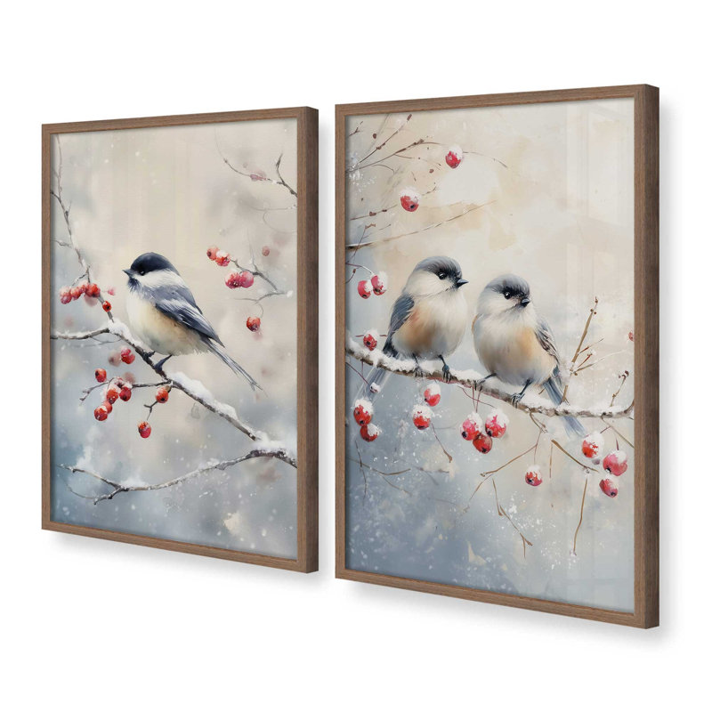 Winter Birdbirds, ensemble de 2 reproductions d'art, H 11,5 po x l 19 po, Noyer