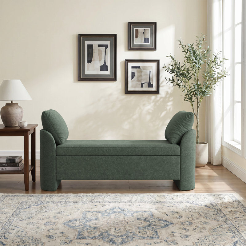 Banc de rangement capitonné en chenille de 148 cm avec coussins, banc de bout de lit moderne aux côtés incurvés pour chambre, entrée et salon