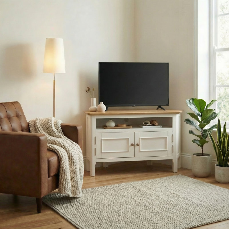 Bodkin Wooden Rustic Corner TV Media Unit Cabinet Stand - Traditional Farmhouse Style, Oak/Cream