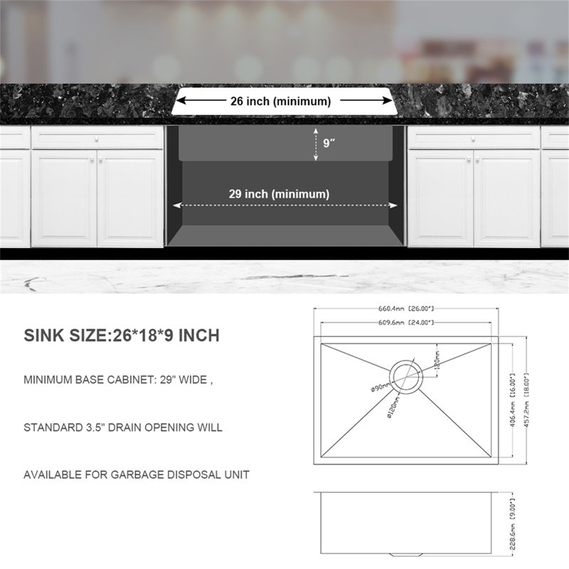 26 Inch Undermount Sink - 26" X 18" X 9" Undermount Stainless Steel Kitchen Sink 16 Gauge 9 Inch Deep Single Bowl Kitchen Sink Basin